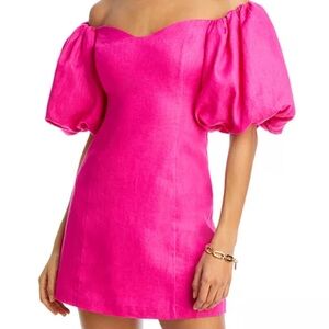 RHODE Dali Linen Puff Sleeve Dress Pink. Size 10